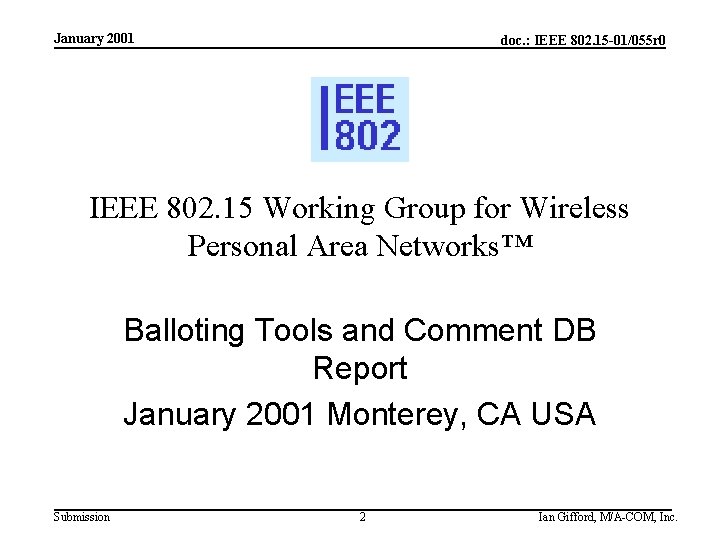 January 2001 doc. : IEEE 802. 15 -01/055 r 0 IEEE 802. 15 Working