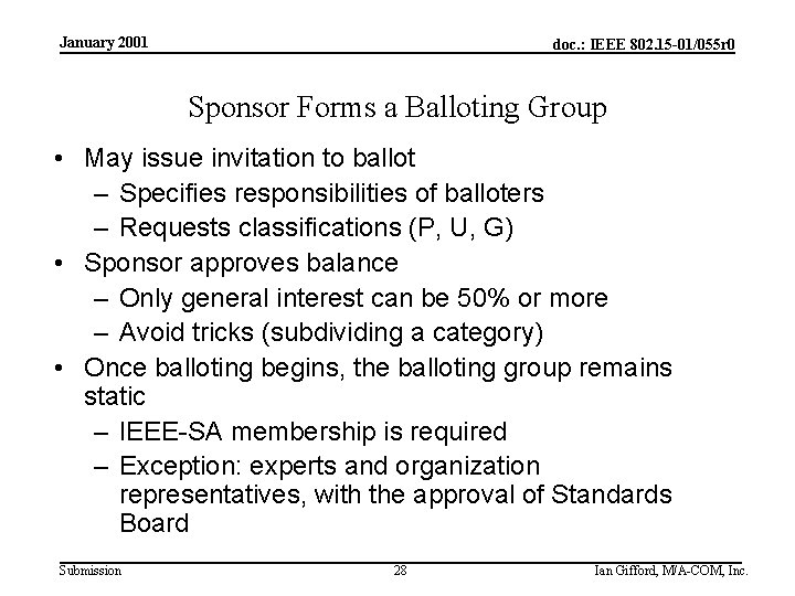 January 2001 doc. : IEEE 802. 15 -01/055 r 0 Sponsor Forms a Balloting