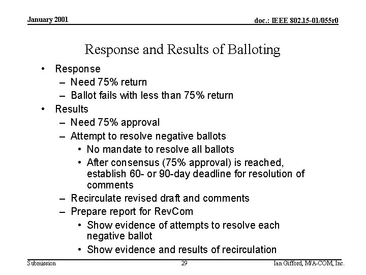 January 2001 doc. : IEEE 802. 15 -01/055 r 0 Response and Results of