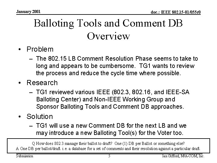 January 2001 doc. : IEEE 802. 15 -01/055 r 0 Balloting Tools and Comment