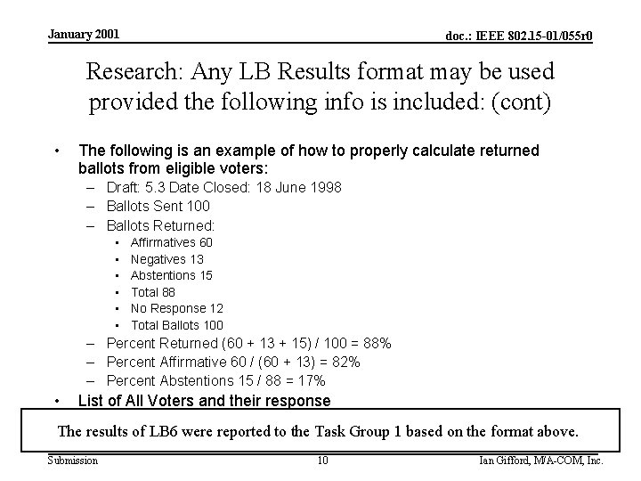 January 2001 doc. : IEEE 802. 15 -01/055 r 0 Research: Any LB Results