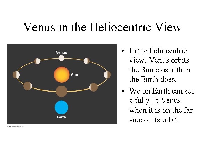 Venus in the Heliocentric View • In the heliocentric view, Venus orbits the Sun