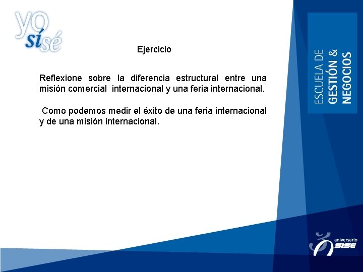 Ejercicio Reflexione sobre la diferencia estructural entre una misión comercial internacional y una feria