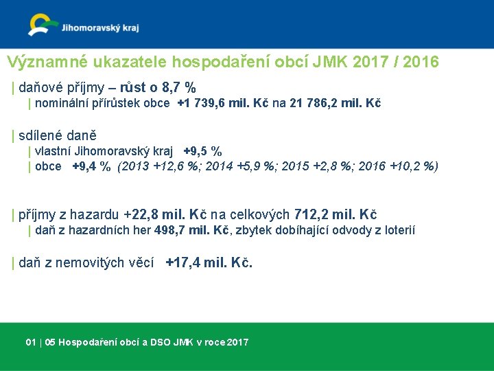 Významné ukazatele hospodaření obcí JMK 2017 / 2016 | daňové příjmy – růst o