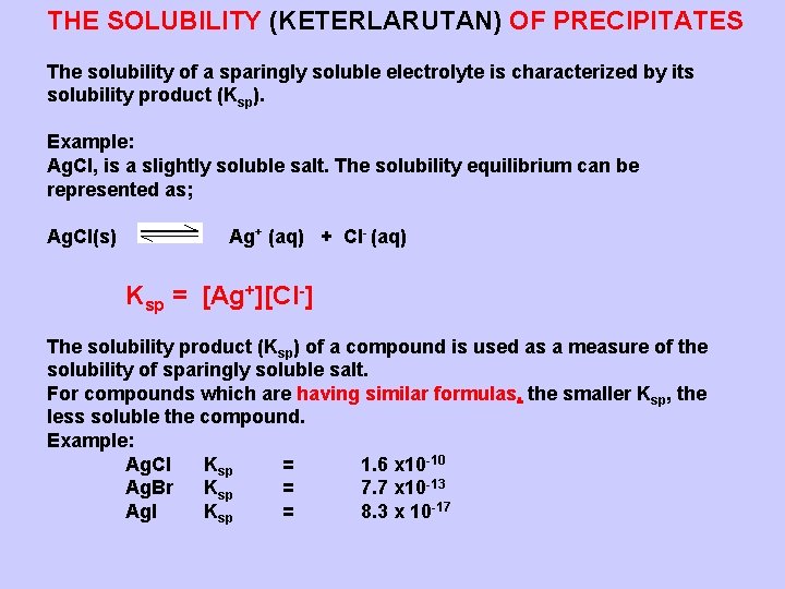 THE SOLUBILITY (KETERLARUTAN) OF PRECIPITATES The solubility of a sparingly soluble electrolyte is characterized
