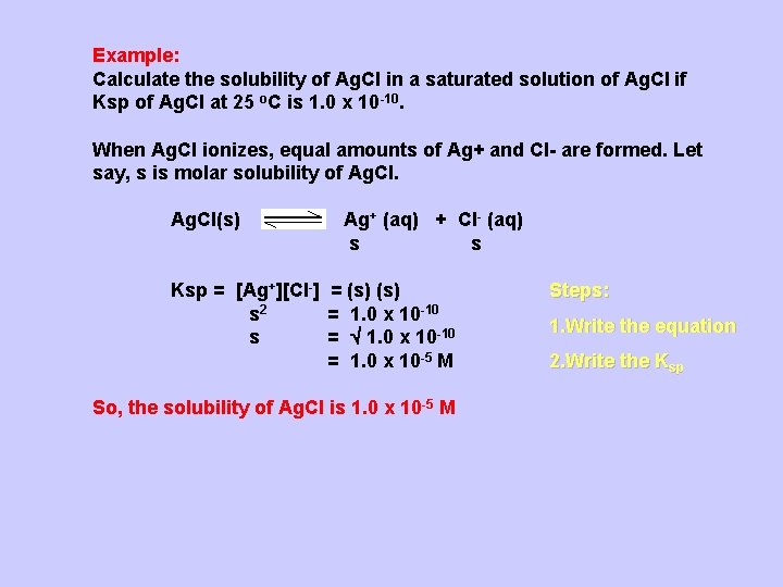 Example: Calculate the solubility of Ag. Cl in a saturated solution of Ag. Cl