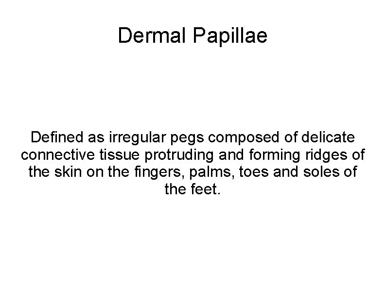 Dermal Papillae Defined as irregular pegs composed of delicate connective tissue protruding and forming