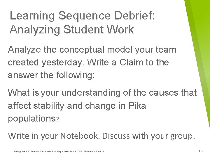 Learning Sequence Debrief: Analyzing Student Work Analyze the conceptual model your team created yesterday.