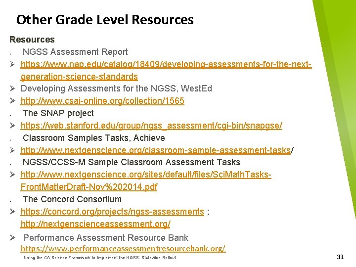 Other Grade Level Resources NGSS Assessment Report Ø https: //www. nap. edu/catalog/18409/developing-assessments-for-the-nextgeneration-science-standards Ø Developing