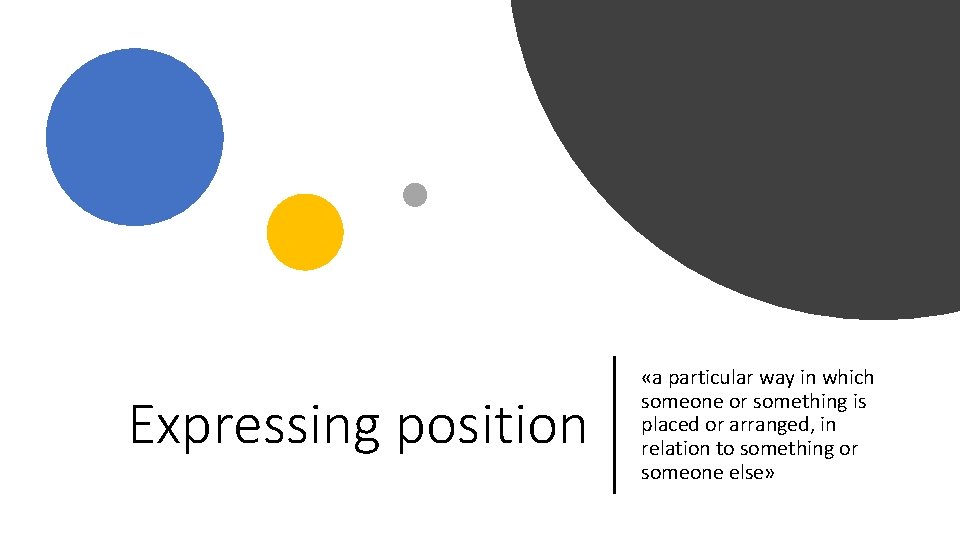 Expressing position «a particular way in which someone or something is placed or arranged,