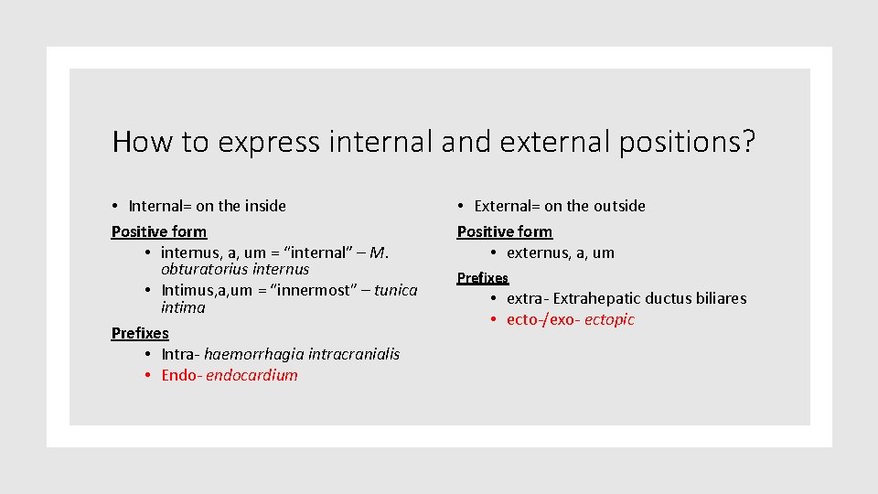 How to express internal and external positions? • Internal= on the inside Positive form