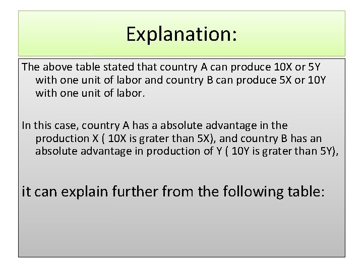 Explanation: The above table stated that country A can produce 10 X or 5