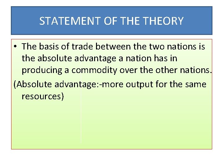 STATEMENT OF THEORY • The basis of trade between the two nations is the