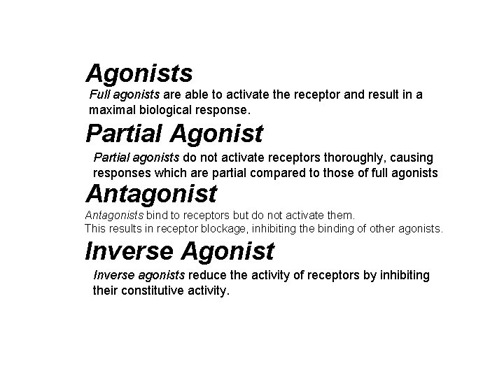 Agonists Full agonists are able to activate the receptor and result in a maximal