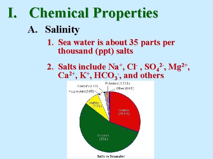 I. Chemical Properties A. Salinity 1. Sea water is about 35 parts per thousand I. Chemical Properties A. Salinity 1. Sea water is about 35 parts per thousand