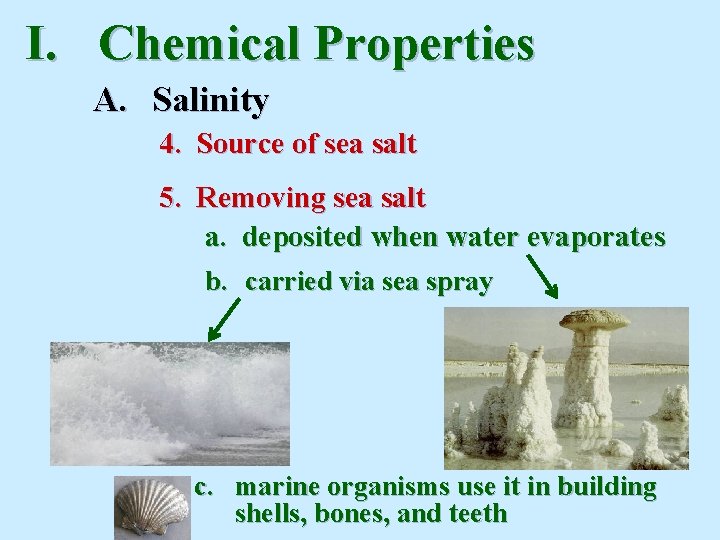 I. Chemical Properties A. Salinity 4. Source of sea salt 5. Removing sea salt I. Chemical Properties A. Salinity 4. Source of sea salt 5. Removing sea salt