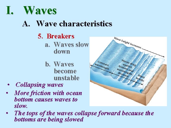 I. Waves A. Wave characteristics 5. Breakers a. Waves slow down b. Waves become I. Waves A. Wave characteristics 5. Breakers a. Waves slow down b. Waves become