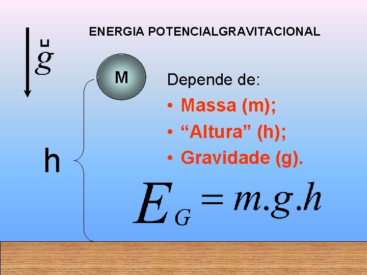 ENERGIA POTENCIALGRAVITACIONAL M h Depende de: • Massa (m); • “Altura” (h); • Gravidade