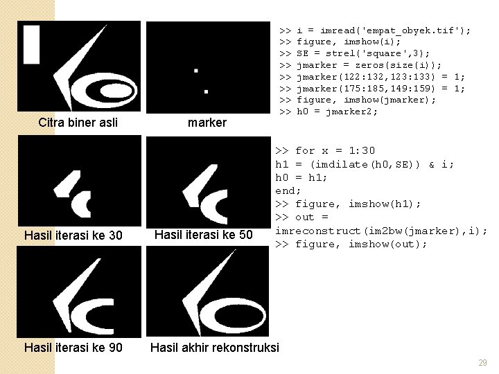 Citra biner asli Hasil iterasi ke 30 Hasil iterasi ke 90 >> >> marker