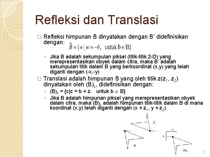 Refleksi dan Translasi � Refleksi himpunan B dinyatakan dengan B’ didefinisikan dengan: ◦ Jika