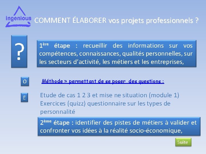 COMMENT ÉLABORER vos projets professionnels ? ? O E 1ère étape : recueillir des