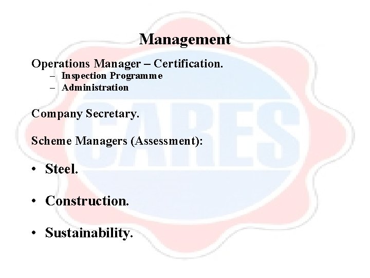 Management Operations Manager – Certification. – Inspection Programme – Administration Company Secretary. Scheme Managers