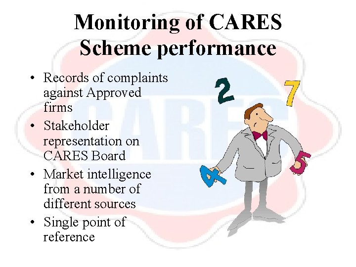 Monitoring of CARES Scheme performance • Records of complaints against Approved firms • Stakeholder
