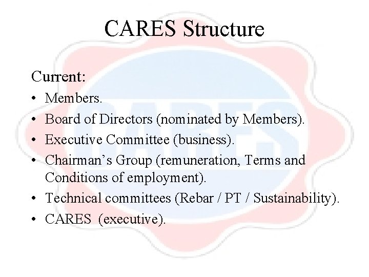 CARES Structure Current: • • Members. Board of Directors (nominated by Members). Executive Committee