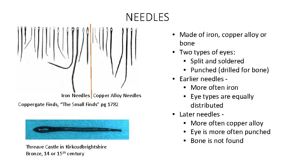 NEEDLES Iron Needles Copper Alloy Needles Coppergate Finds, “The Small Finds” pg 1782 Threave