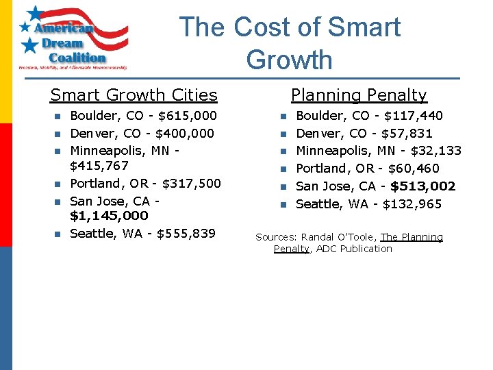 The Cost of Smart Growth Cities n n n Boulder, CO - $615, 000