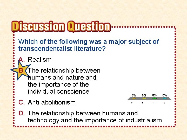 Which of the following was a major subject of transcendentalist literature? A. Realism B.