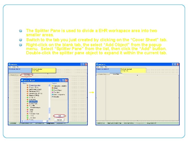 Editing a Template (Continued) The Splitter Pane is used to divide a EHR workspace