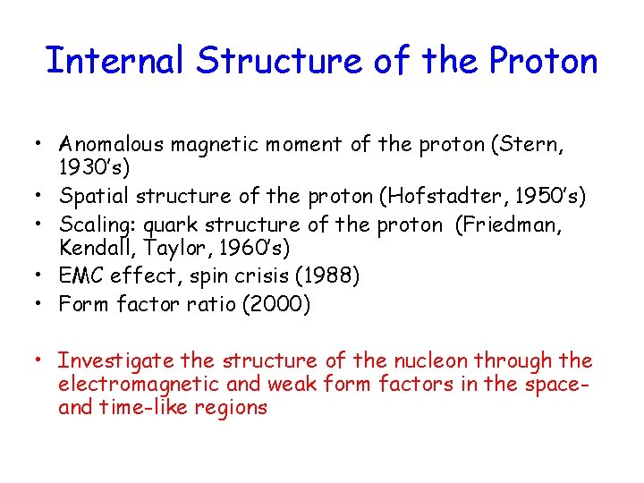 Internal Structure of the Proton • Anomalous magnetic moment of the proton (Stern, 1930’s)