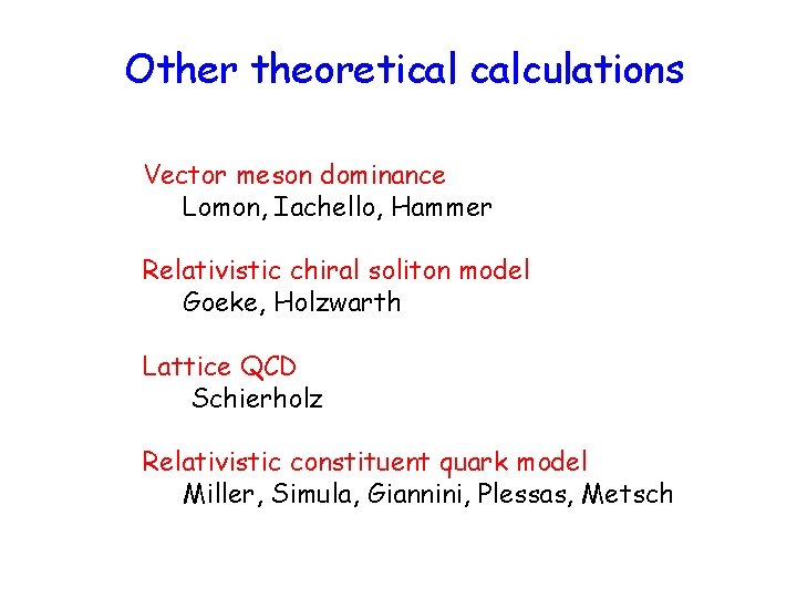 Other theoretical calculations Vector meson dominance Lomon, Iachello, Hammer Relativistic chiral soliton model Goeke,