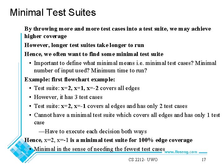 Minimal Test Suites By throwing more and more test cases into a test suite,