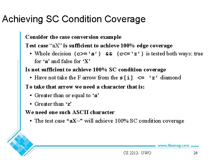 Achieving SC Condition Coverage Consider the case conversion example Test case “a. X” is