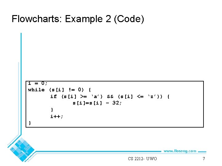 Flowcharts: Example 2 (Code) i = 0; while (s[i] != 0) { if (s[i]