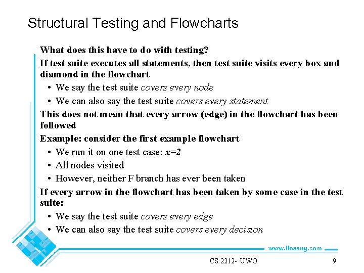 Structural Testing and Flowcharts What does this have to do with testing? If test