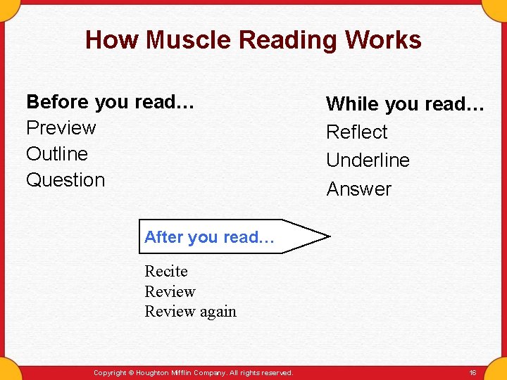 How Muscle Reading Works Before you read… Preview Outline Question While you read… Reflect How Muscle Reading Works Before you read… Preview Outline Question While you read… Reflect