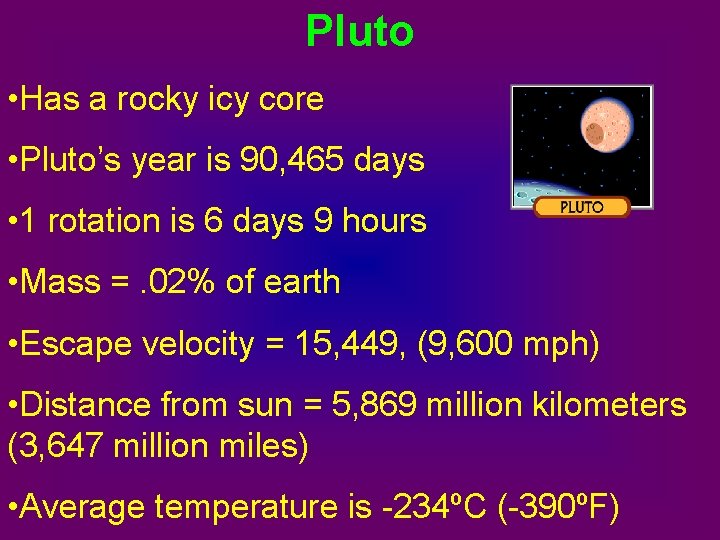 Pluto • Has a rocky icy core • Pluto’s year is 90, 465 days