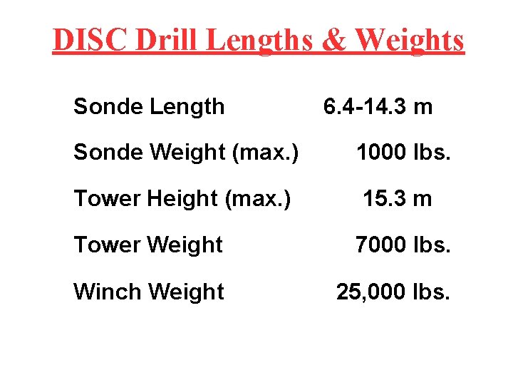 DISC Drill Lengths & Weights Sonde Length 6. 4 -14. 3 m Sonde Weight