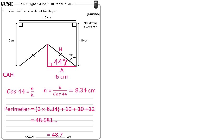 AQA Higher: June 2018 Paper 2, Q 19 1 Calculate the perimeter of this