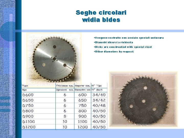 Seghe circolari widia bldes • Vengono costruite con acciaio speciali antiusura • Diametri diversi