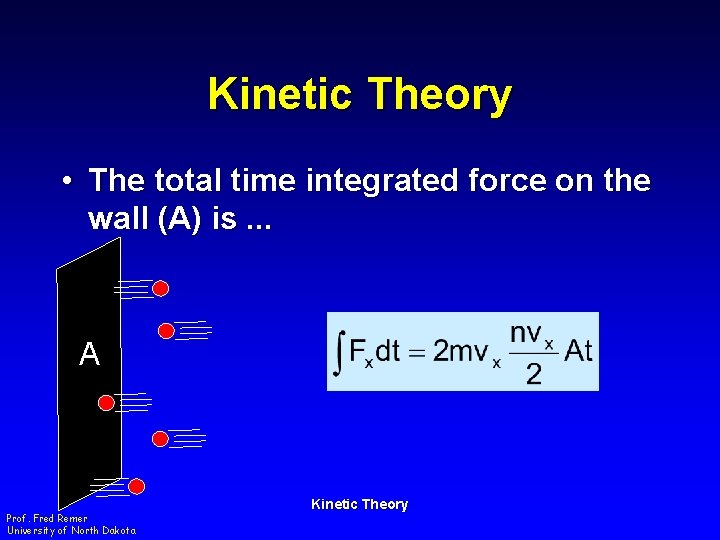 Kinetic Theory • The total time integrated force on the wall (A) is. .