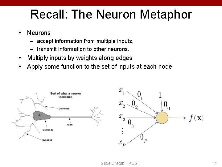 Recall: The Neuron Metaphor • Neurons – accept information from multiple inputs, – transmit