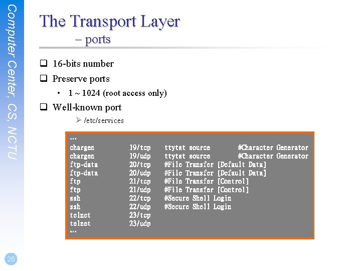 Computer Center, CS, NCTU 28 The Transport Layer – ports q 16 -bits number