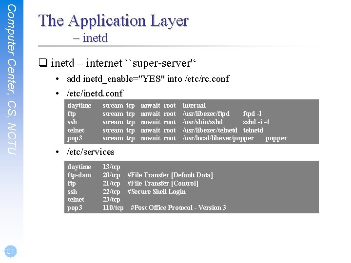 Computer Center, CS, NCTU The Application Layer – inetd q inetd – internet ``super-server'‘