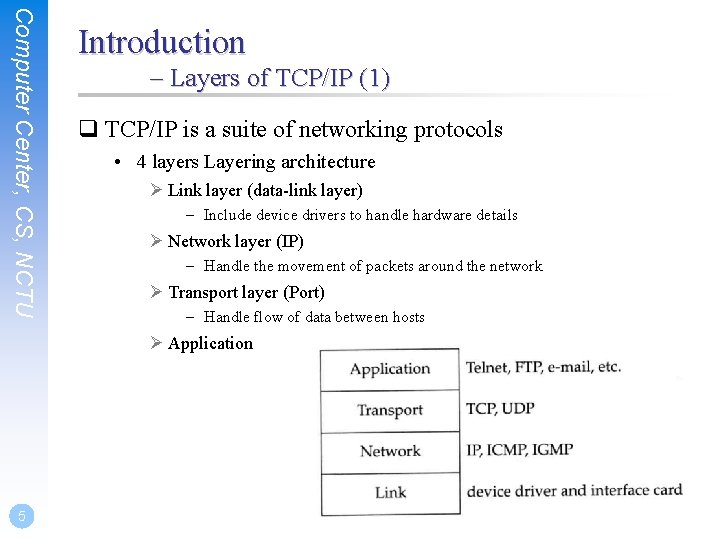 Computer Center, CS, NCTU Introduction – Layers of TCP/IP (1) q TCP/IP is a