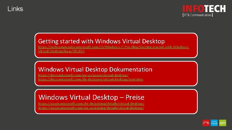 Links Getting started with Windows Virtual Desktop Links https: //techcommunity. microsoft. com/t 5/Windows-IT-Pro-Blog/Getting-started-with-Windows. Virtual-Desktop/ba-p/391054