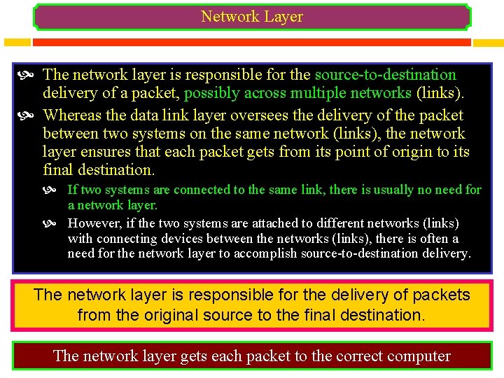 Network Layer The network layer is responsible for the source-to-destination delivery of a packet,